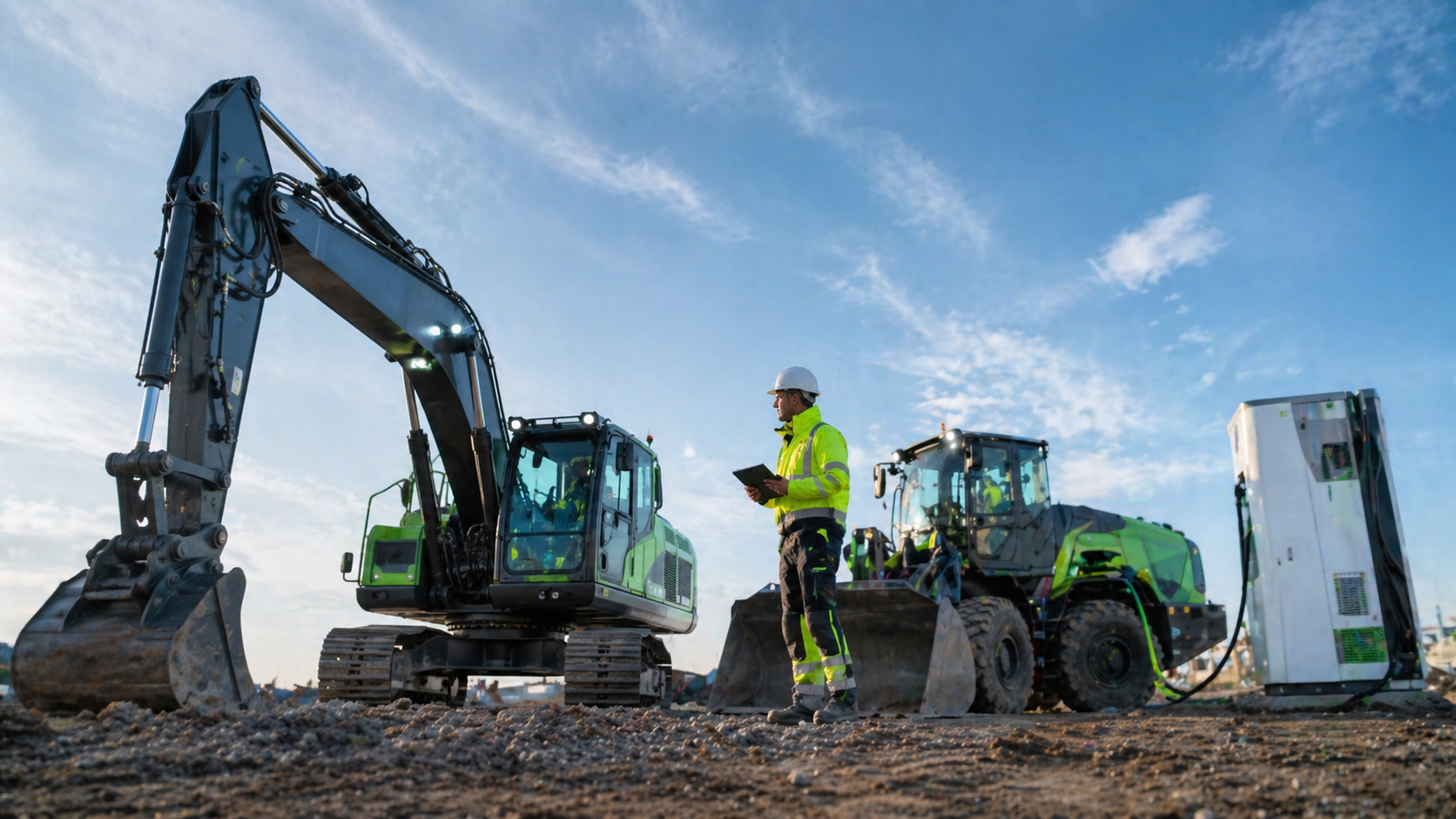 Elektrische graafmachine op moderne bouwplaats
