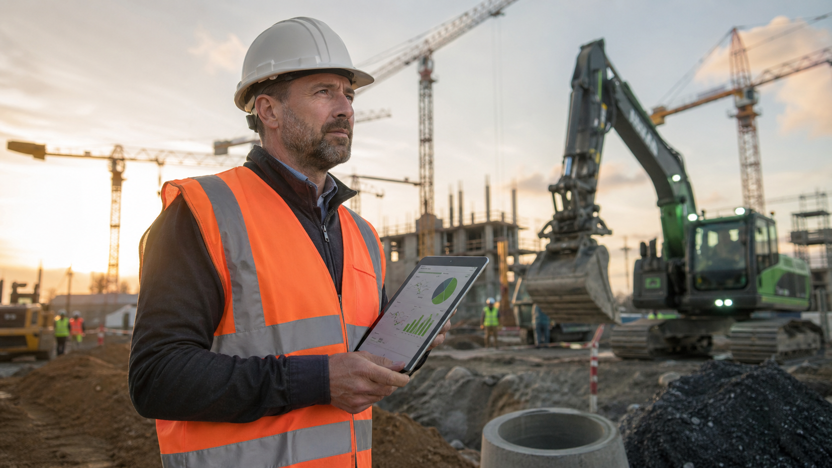 Projectleider met tablet op moderne bouwplaats