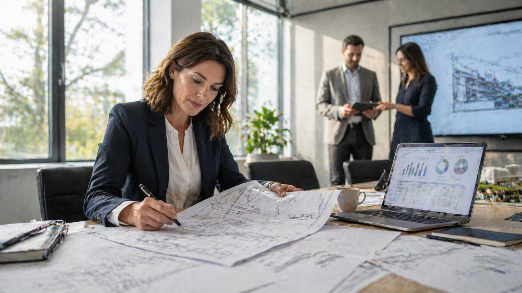 Professionele vergadering met bouwtekeningen en data-dashboard