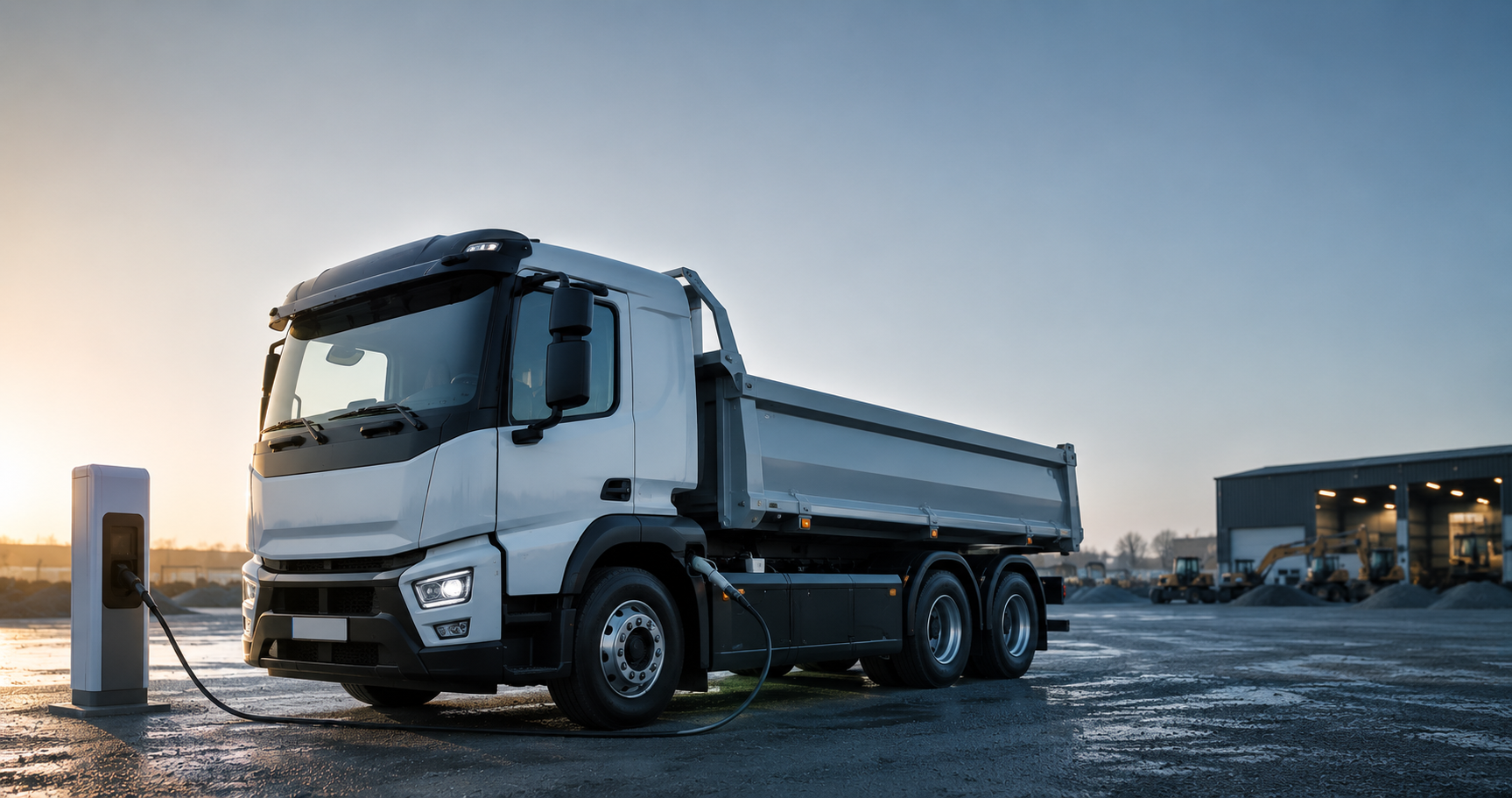 Elektrische bouwvrachtwagen op een materieelwerf, klaar voor inzet op de bouwplaats