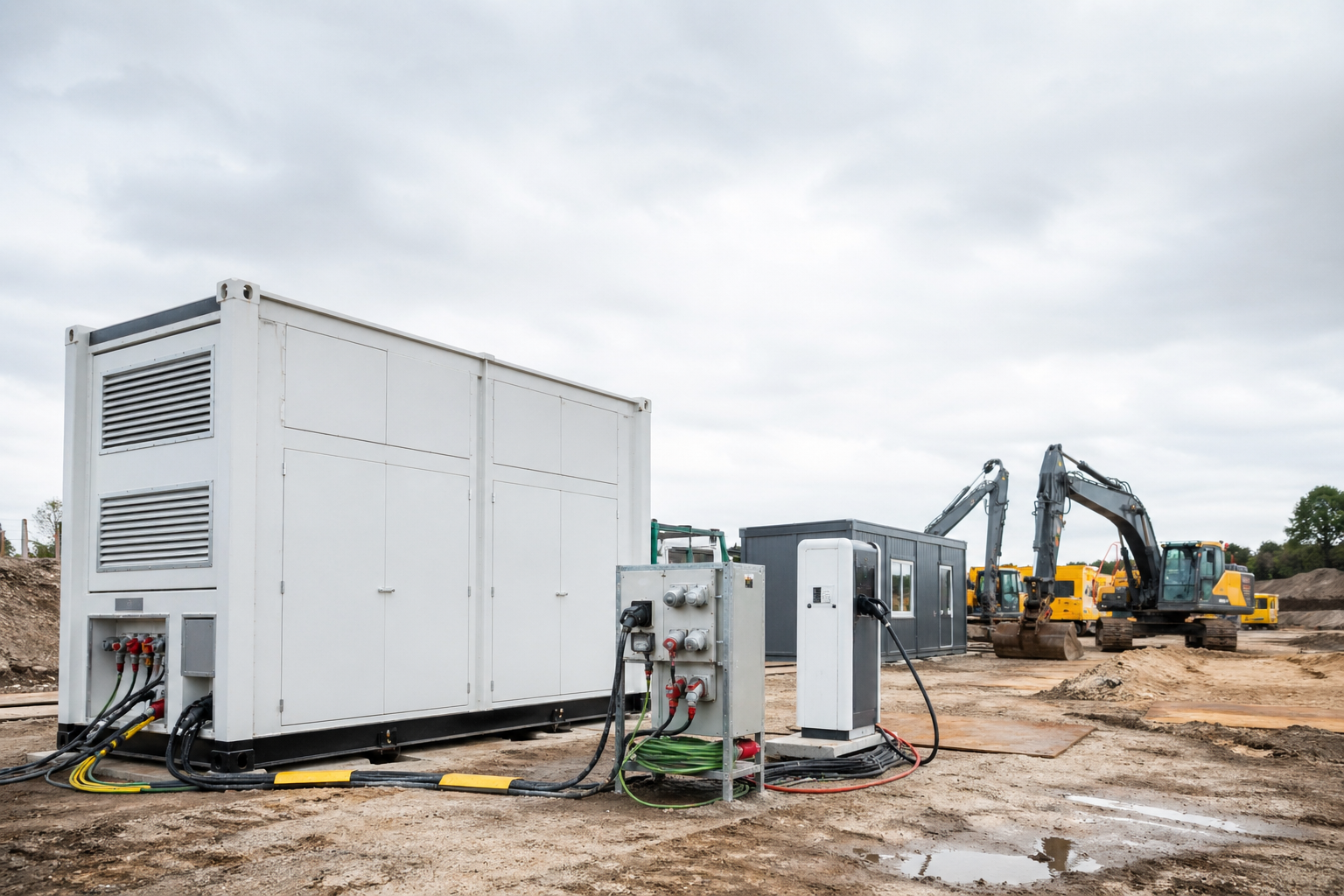 Mobiele bouwbatterij naast laadinfrastructuur op een emissieloze bouwplaats