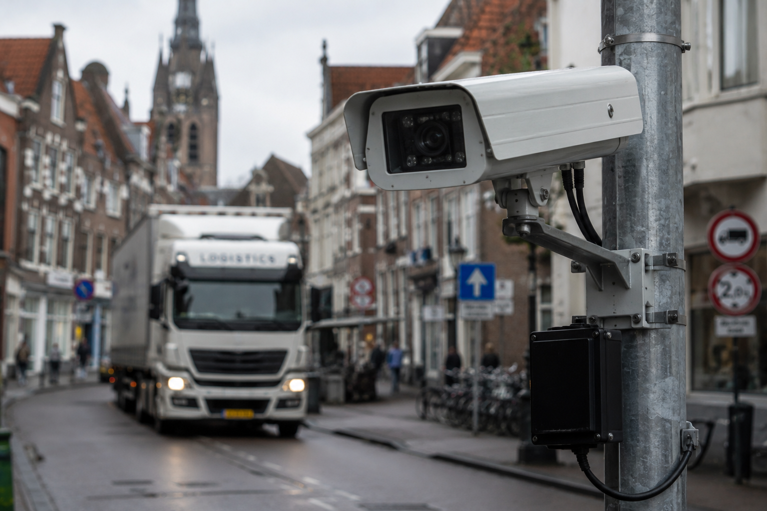 Close-up van een ANPR-camera op een paal bij een stadspoort met op de achtergrond een vrachtwagen