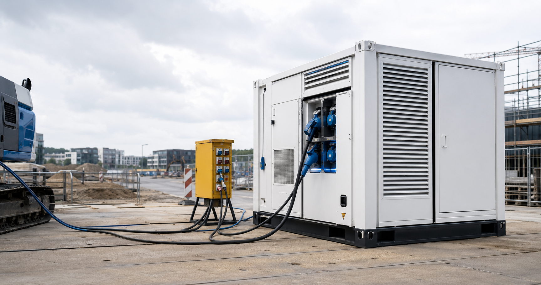 Mobiele bouwbatterij naast een tijdelijke stroomverdeler met laadpunten op een bouwplaats