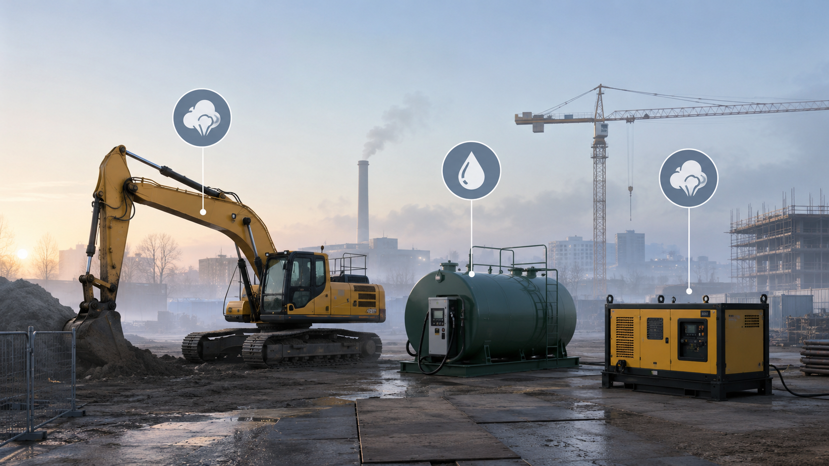 Bouwplaats in de vroege ochtend met een graafmachine, een brandstoftank en een aggregaat als zichtbare emissiebronnen