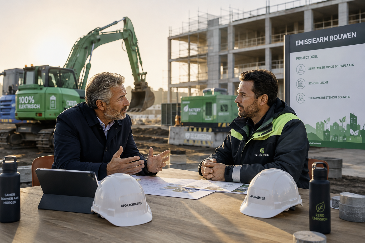 Overleg tussen opdrachtgever en aannemer op een emissiearme bouwplaats met elektrisch materieel op de achtergrond