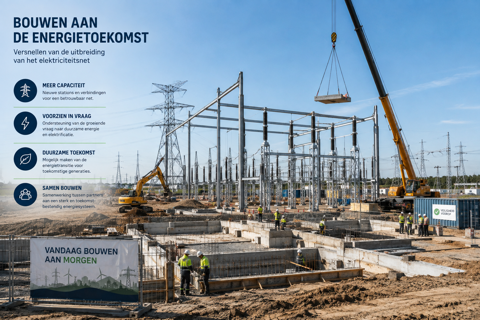 Hoogspanningsstation in aanbouw met kraan en funderingswerk, symbool voor de versnelde uitbreiding van het elektriciteitsnet