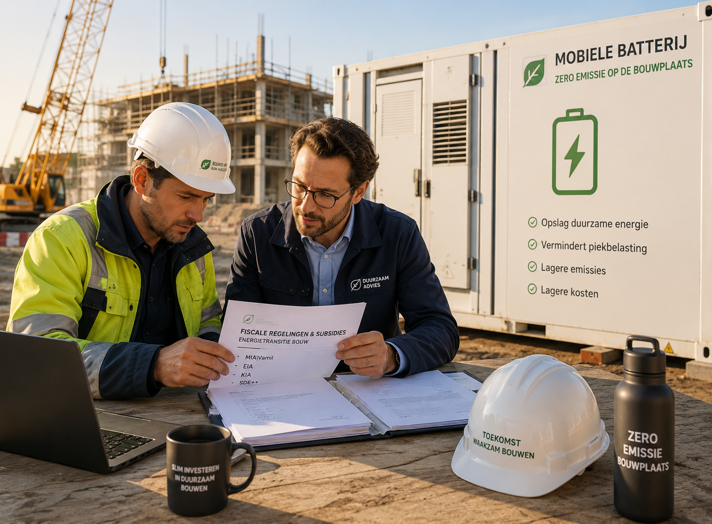 Aannemer en adviseur bekijken fiscale documenten bij een mobiele batterijcontainer op de bouwplaats