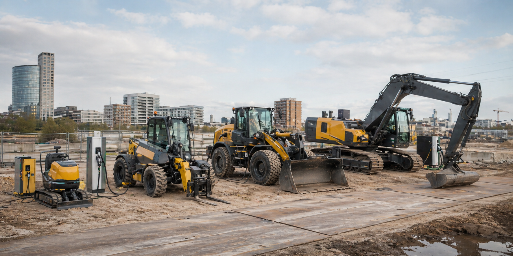 Elektrisch bouwmaterieel met laadpunten op een moderne bouwplaats