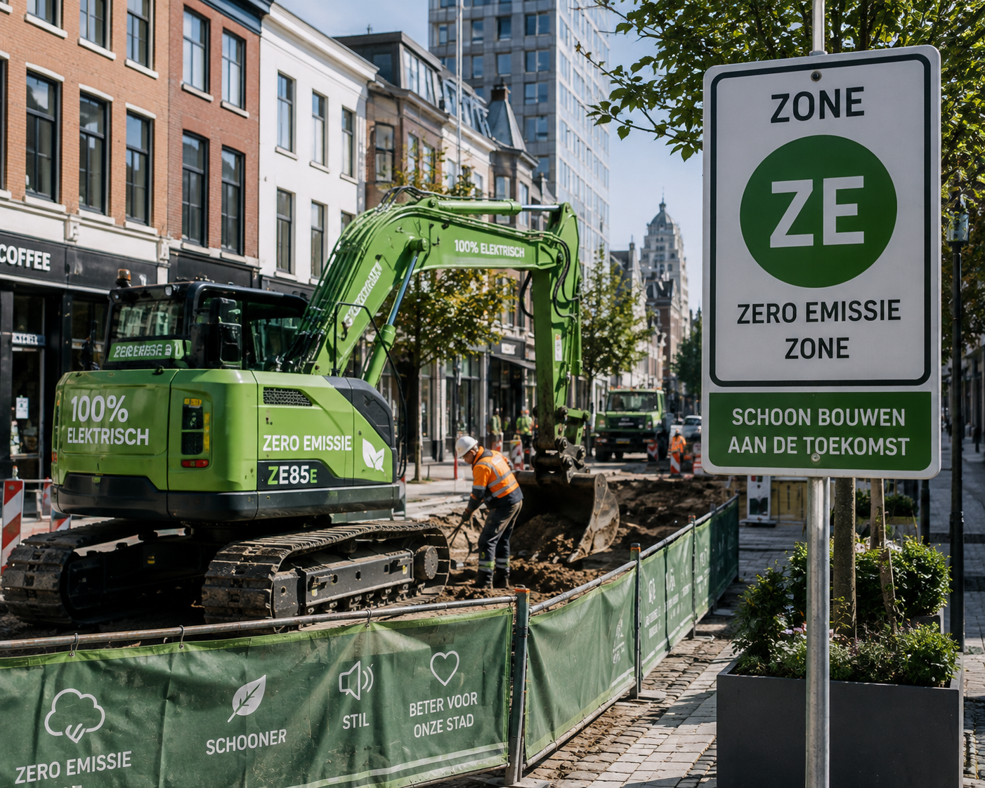 Elektrische graafmachine aan het werk achter een zero-emissiezone verkeersbord in een binnenstedelijke straat