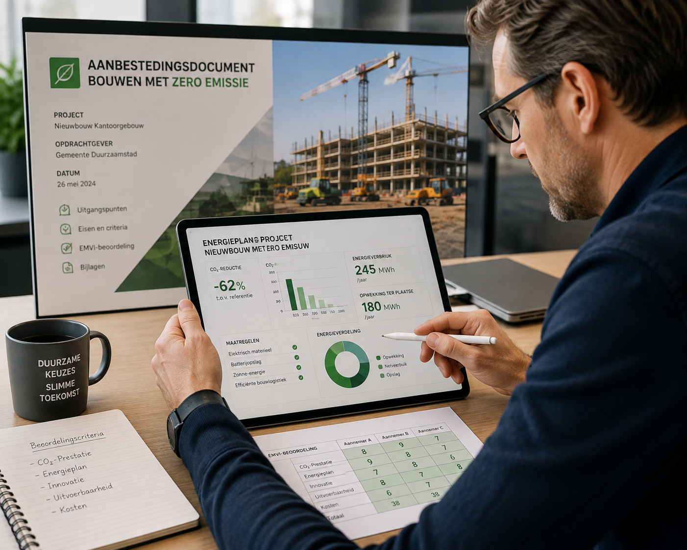 Tendermanager beoordeelt een energieplan op een tablet, met op de achtergrond een aanbestedingsdocument en bouwplaatsfoto