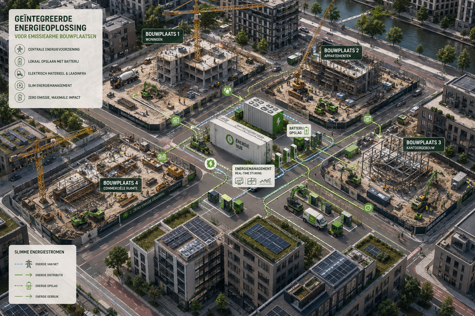 Binnenstedelijk ontwikkelgebied met meerdere bouwplaatsen die via een centrale energievoorziening met batterijcontainer en laadpunten zijn verbonden