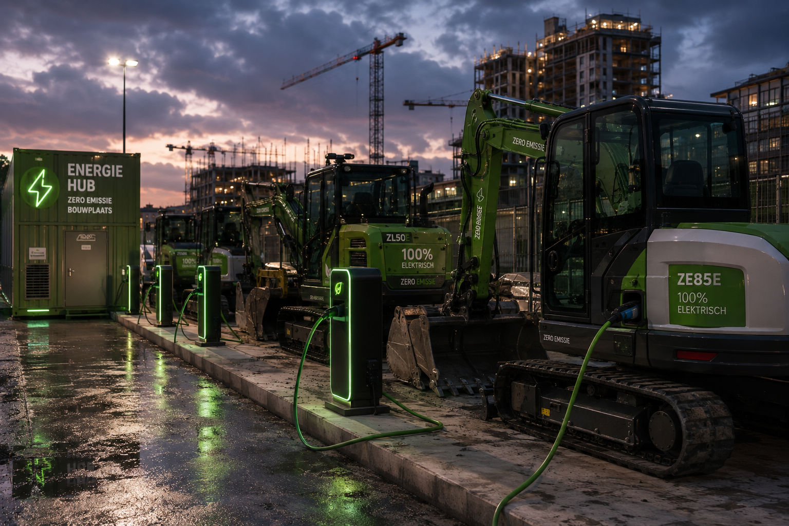 Rij laadpunten op een bouwplaats waar elektrische machines na de werkdag aan de lader staan