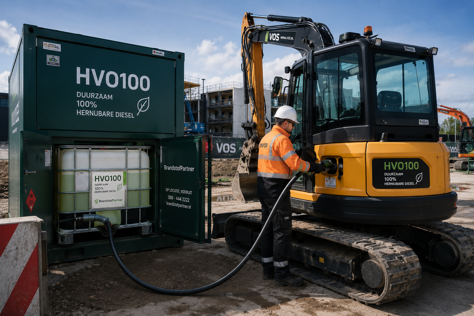 Brandstoflevering van HVO100 aan een IBC-tank op een bouwplaats, met een graafmachine die wordt bijgetankt