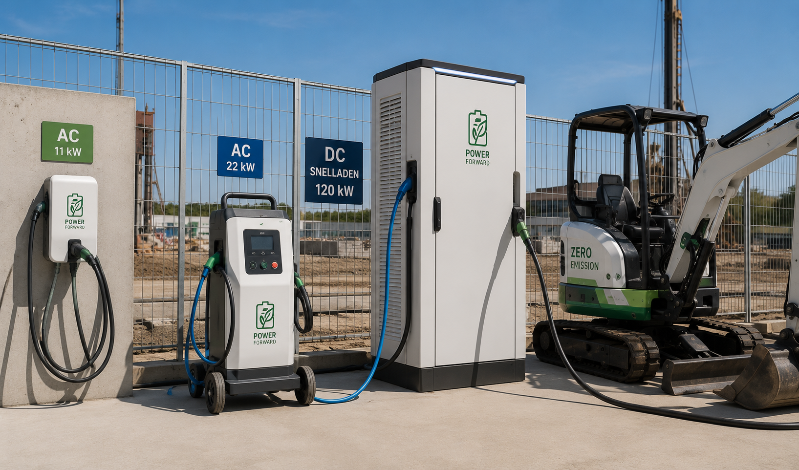 Verschillende laadpalen naast elkaar op een bouwterrein: een vaste AC-laadpaal, een mobiele lader en een DC-snellader bij een elektrische graafmachine