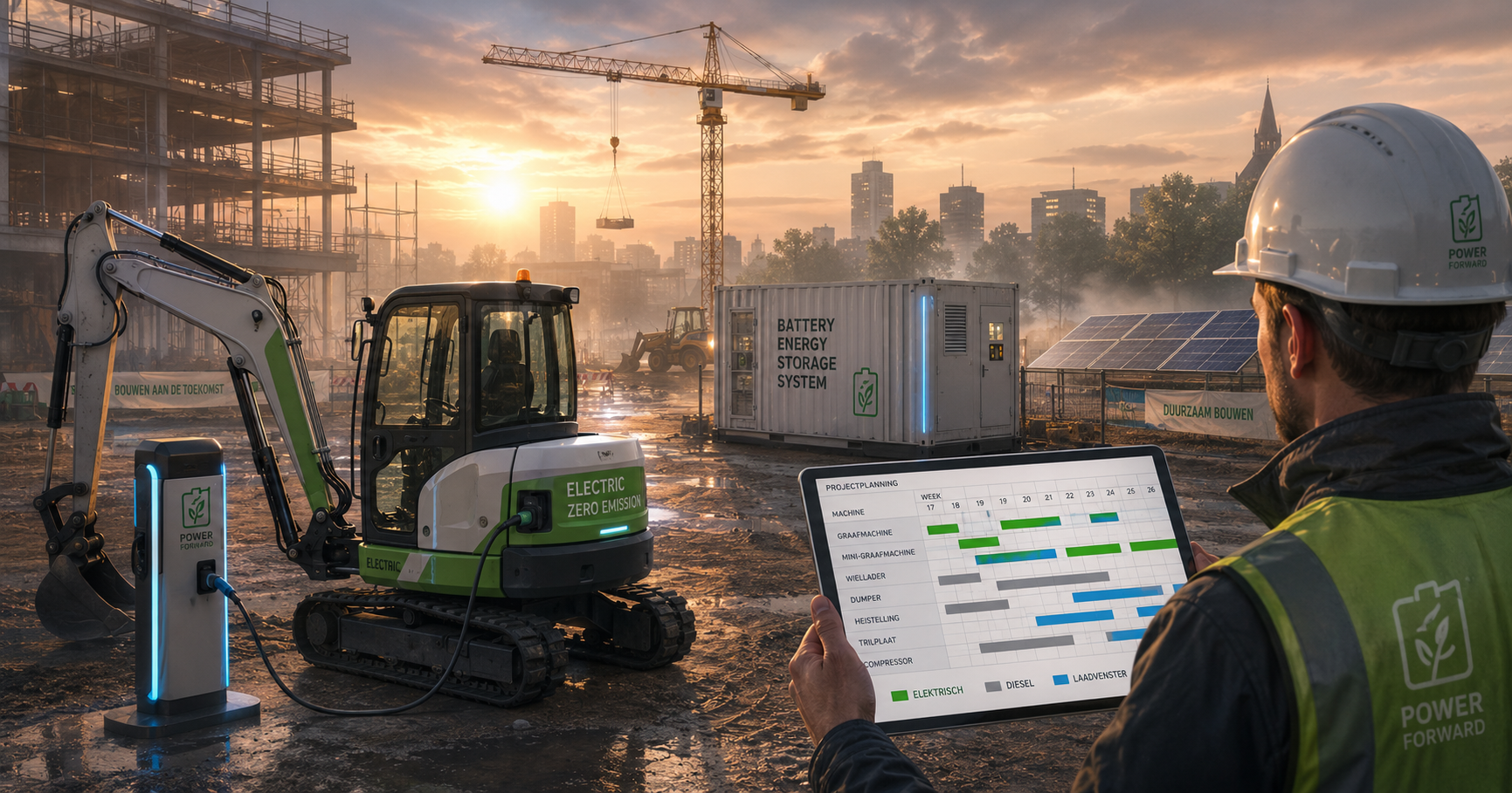 Digitale materieelplanning op een tablet met elektrische bouwmachines en laadschema op een bouwplaats