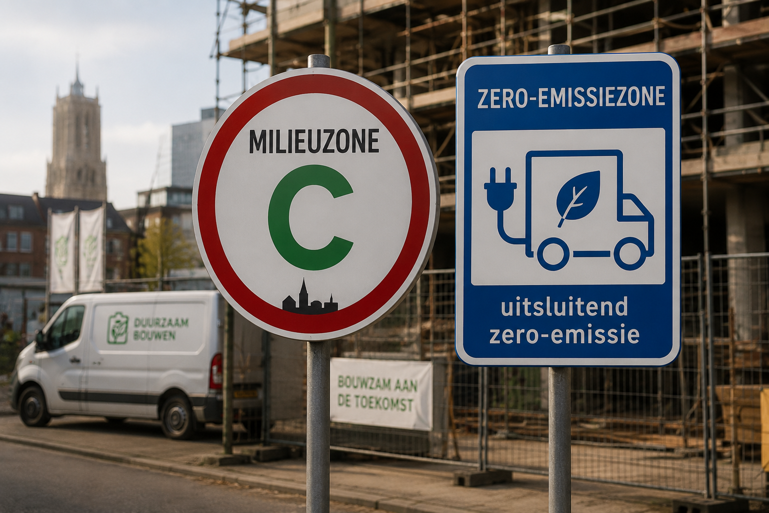 Twee verkeersborden naast elkaar: een milieuzonebord en een zero-emissiezonebord, met op de achtergrond een stedelijke bouwplaats