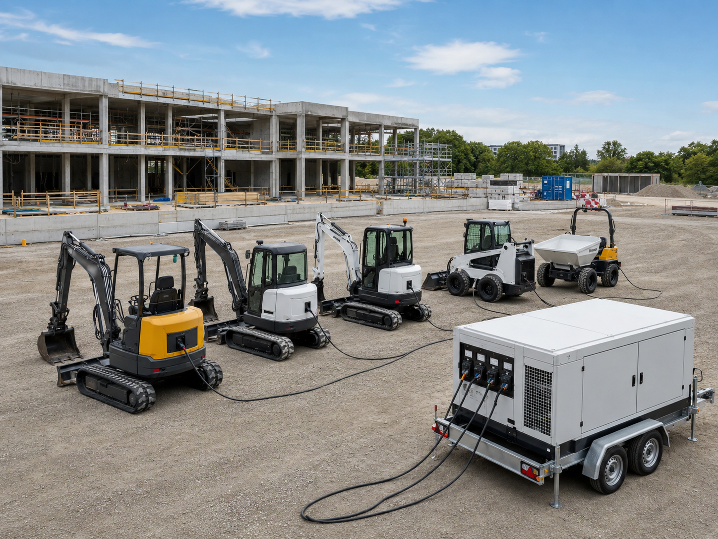 Rij van elektrische bouwmachines die via een mobiele laadtrailer worden opgeladen op een modern bouwterrein, overdag met natuurlijk licht