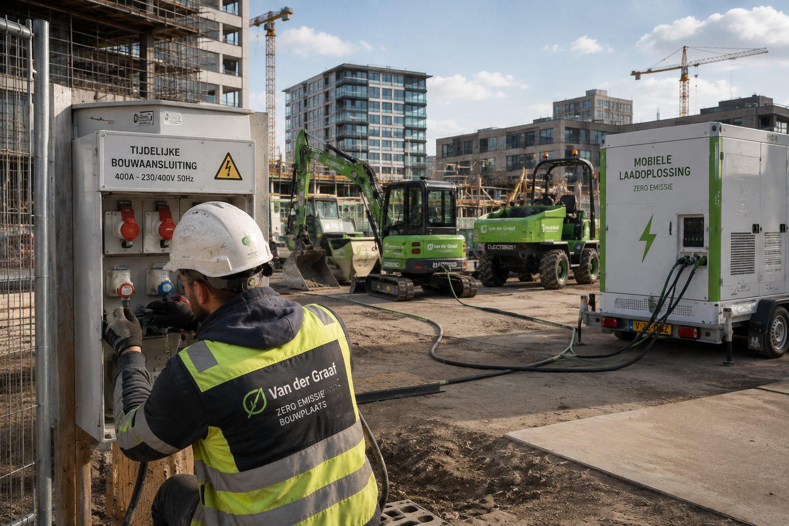 Monteur werkt aan een tijdelijke bouwaansluiting terwijl op de achtergrond elektrisch materieel wordt geladen