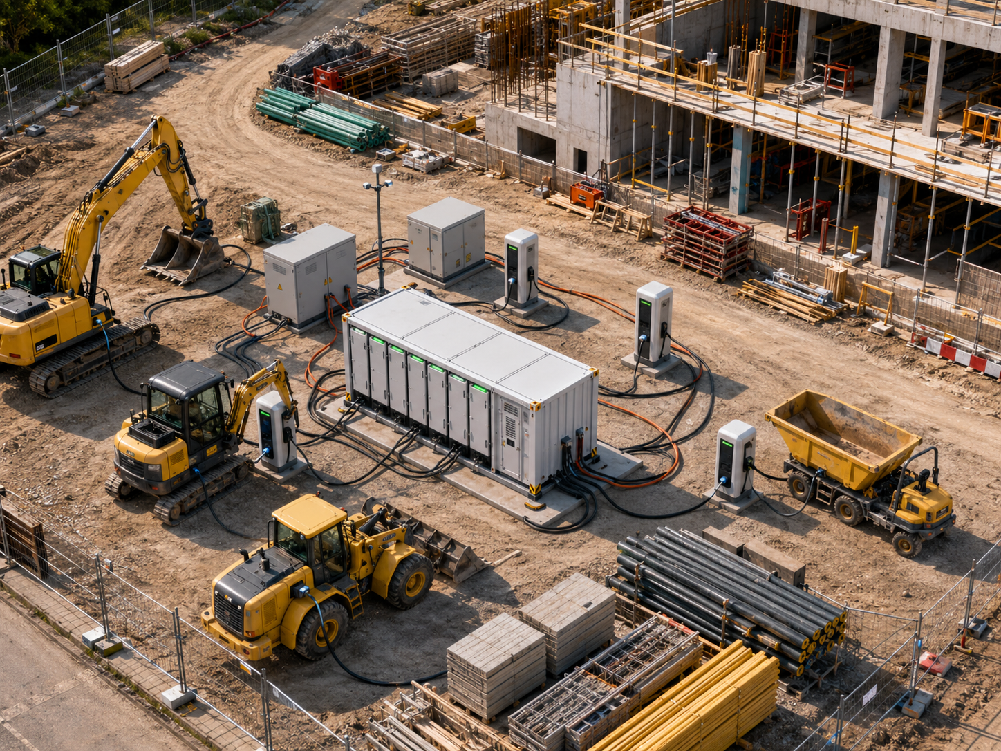 Bovenaanzicht van een bouwplaats met zichtbare stroominfrastructuur, batterijcontainer en laadpunten als visualisatie van een gecombineerde energieoplossing