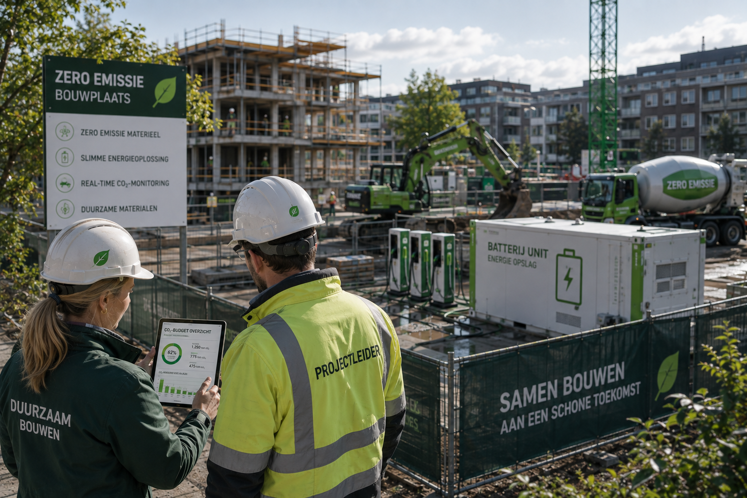 Duurzaamheidsmanager en projectleider bekijken een CO2-budgetoverzicht naast een emissiearme bouwplaats