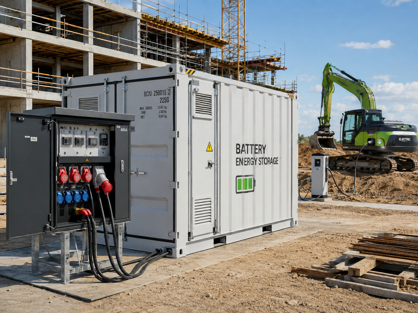 Batterijcontainer naast een bouwaansluitkast op een bouwplaats, met een elektrische graafmachine aan een laadpunt op de achtergrond