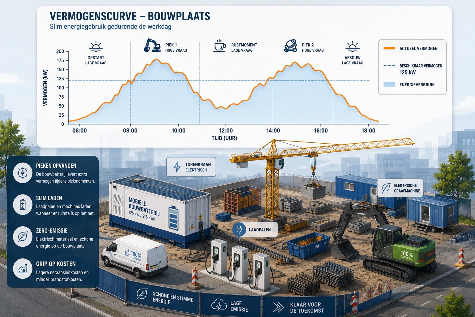 Projectleider berekent piekvermogen op een tablet met elektrische bouwmachines op de achtergrond
