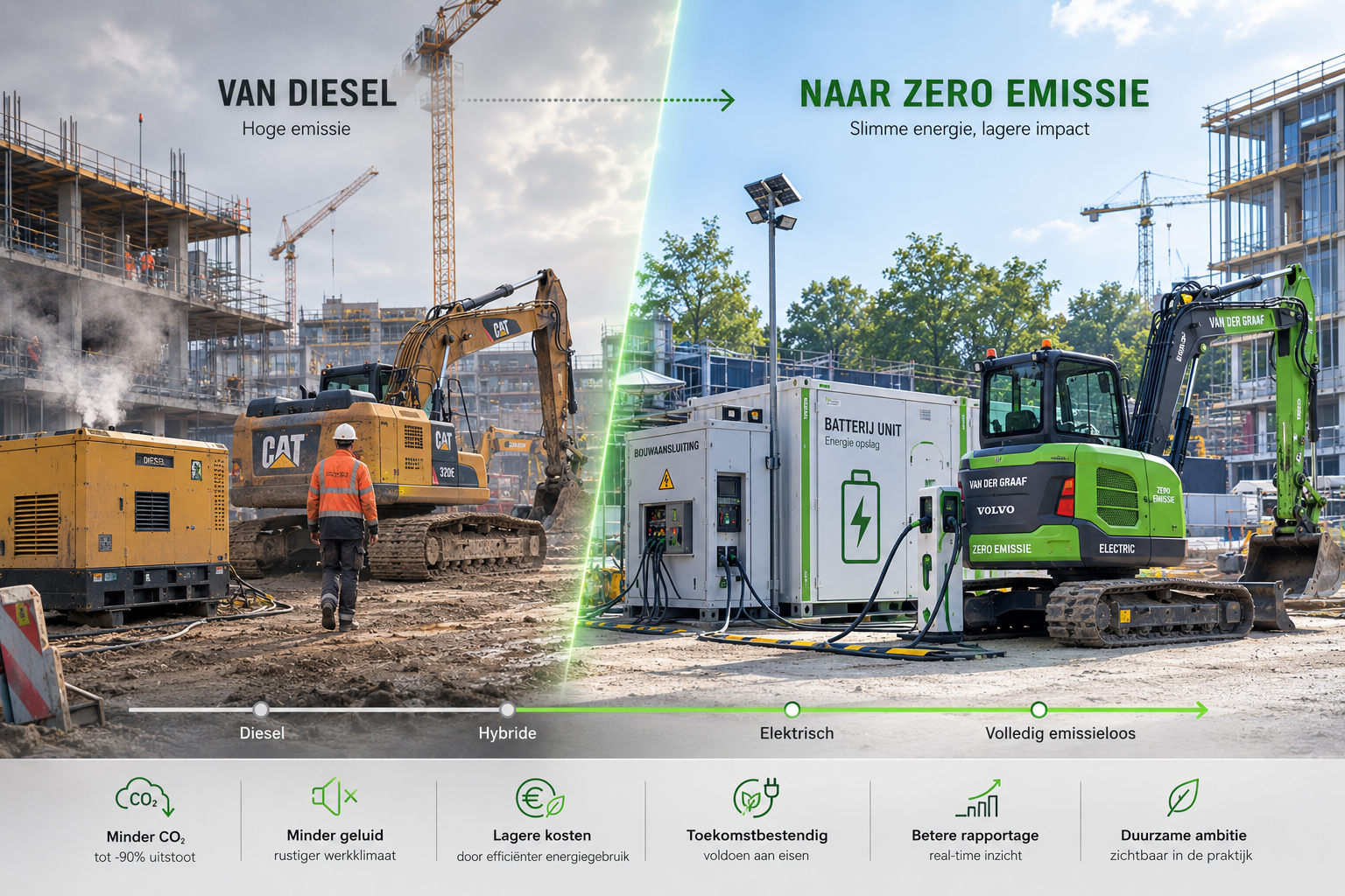 Bouwplaats in transitie waar oud dieselmaterieel en nieuw elektrisch materieel naast elkaar staan, als visuele tijdlijn van de verduurzaming