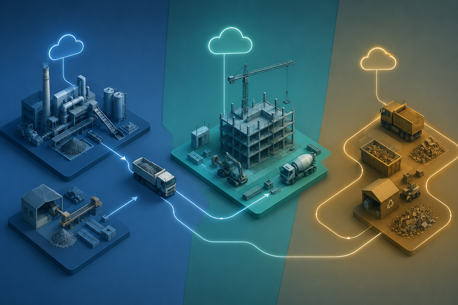 Schematische weergave van de keten rond een bouwproject met materiaal-, transport- en energiestromen