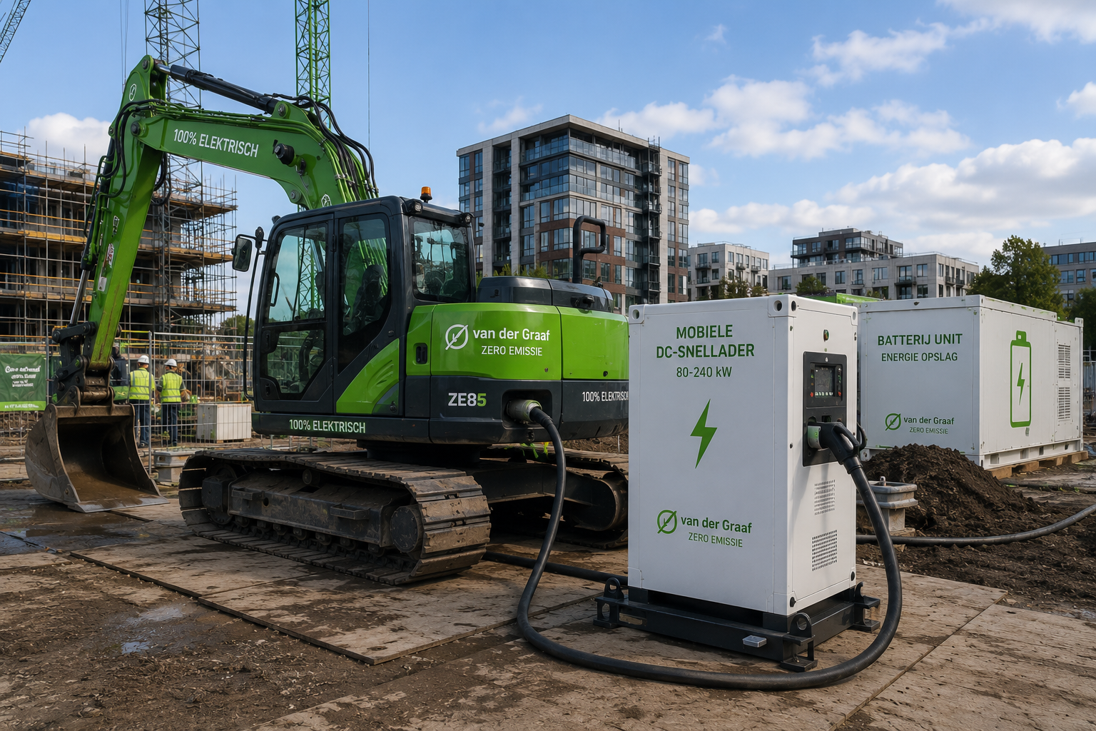 Elektrische graafmachine aan een mobiele DC-snellader op een Nederlandse bouwplaats, met dikke laadkabel en batterijcontainer op de achtergrond