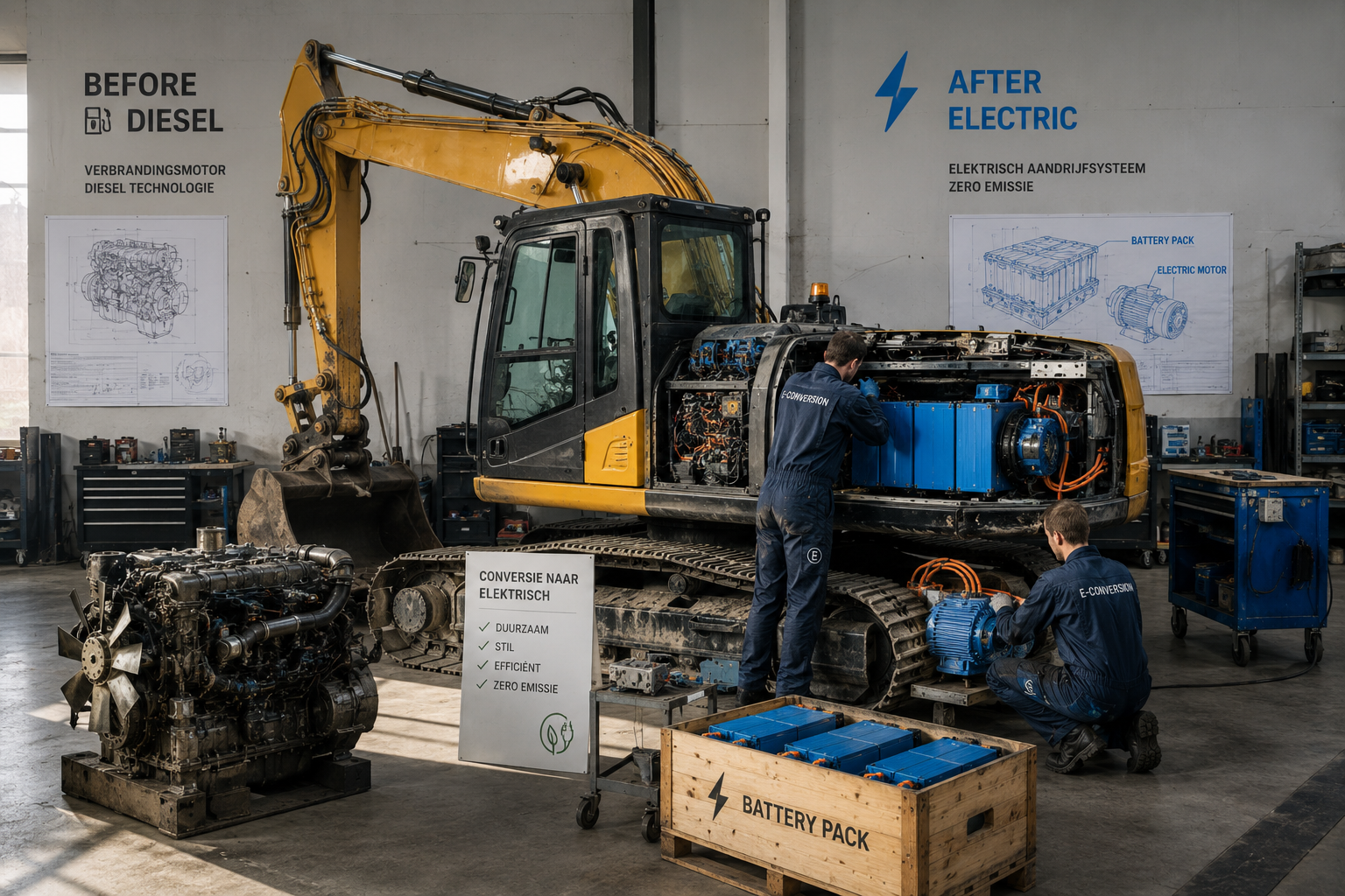 Dieselgraafmachine wordt omgebouwd naar elektrische aandrijving in werkplaats