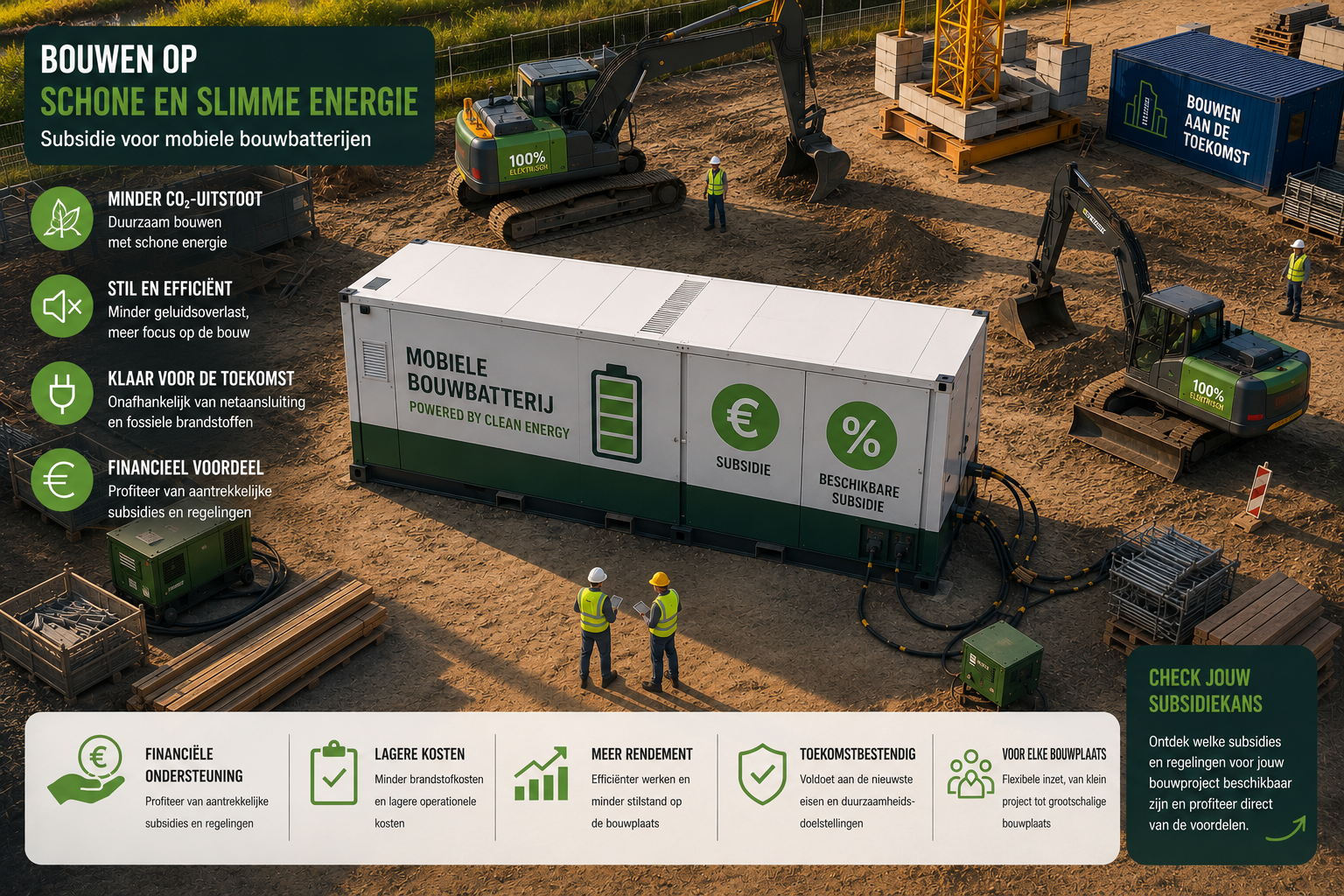 Mobiele bouwbatterij op een bouwplaats met subsidie-iconen en euro-symbolen