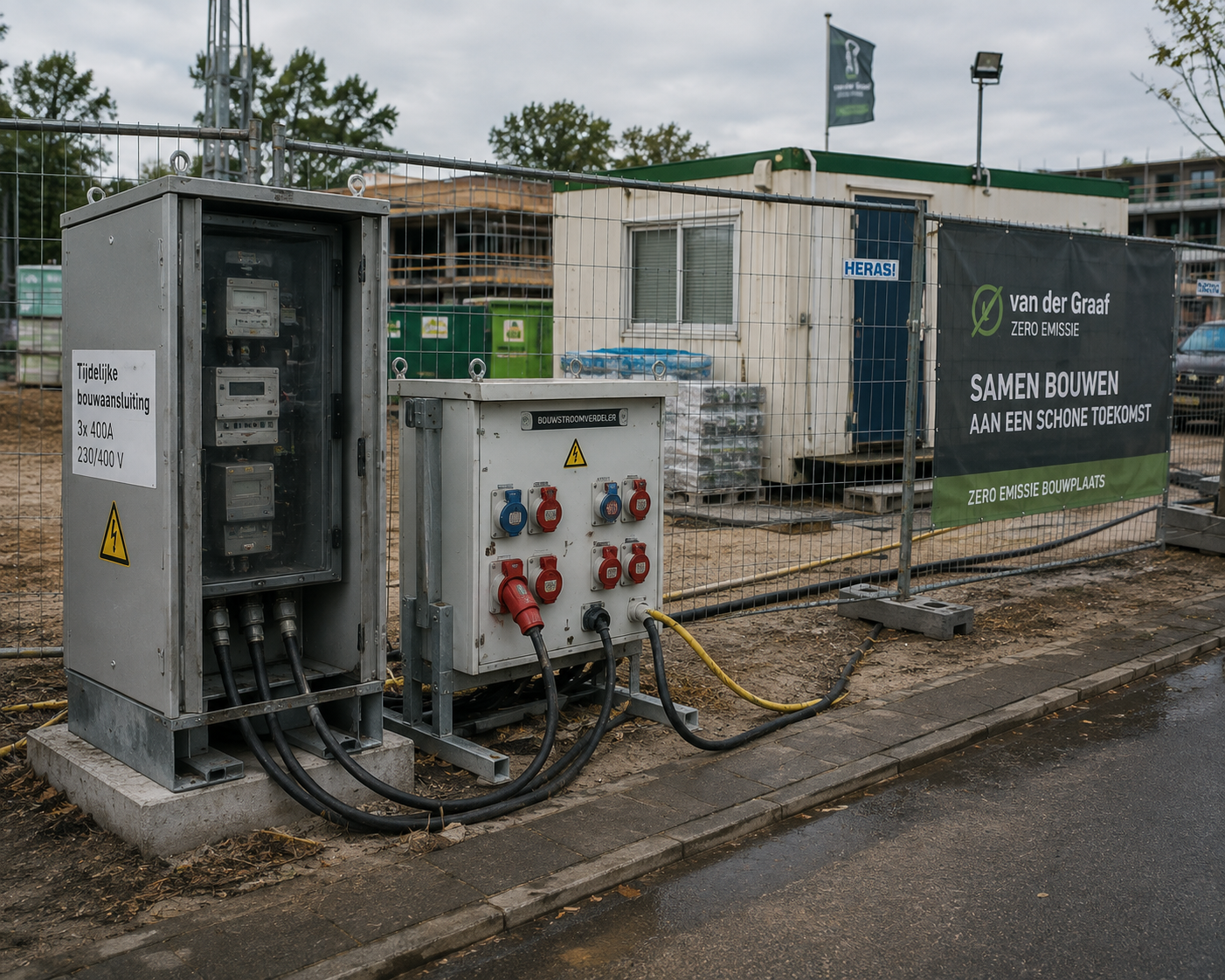 Tijdelijke bouwaansluiting met meterkast en bouwstroomverdeler aan de rand van een bouwterrein, met bouwhekken en keet op de achtergrond