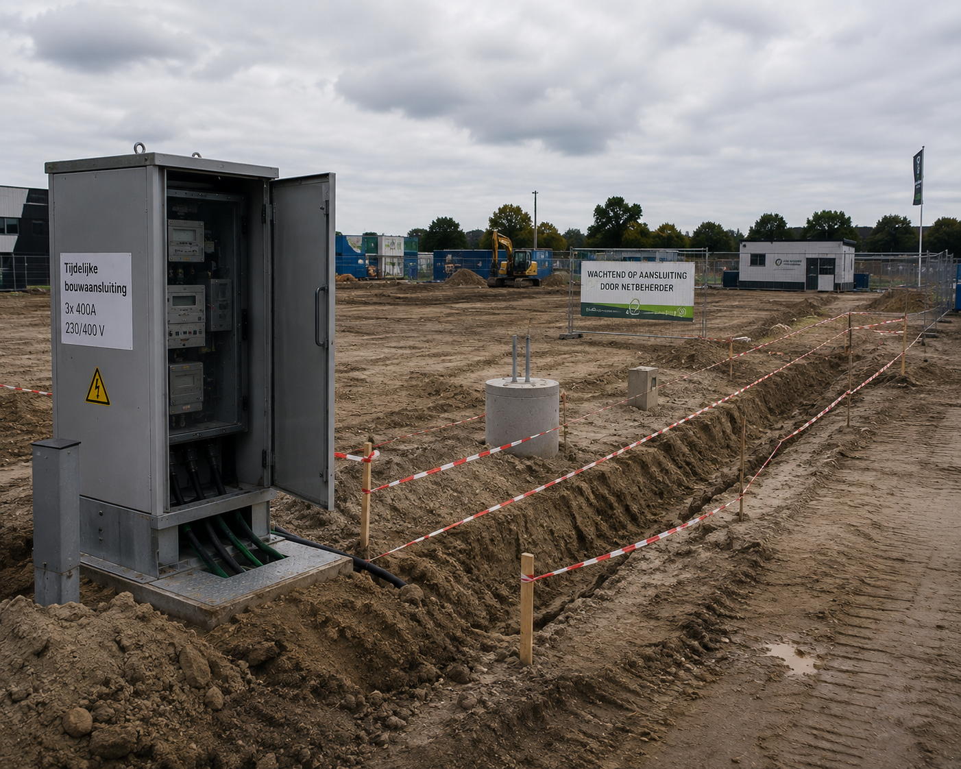 Lege bouwplaats met afgezette kabelgeul en meterkast in aanbouw, wachtend op aansluiting door de netbeheerder