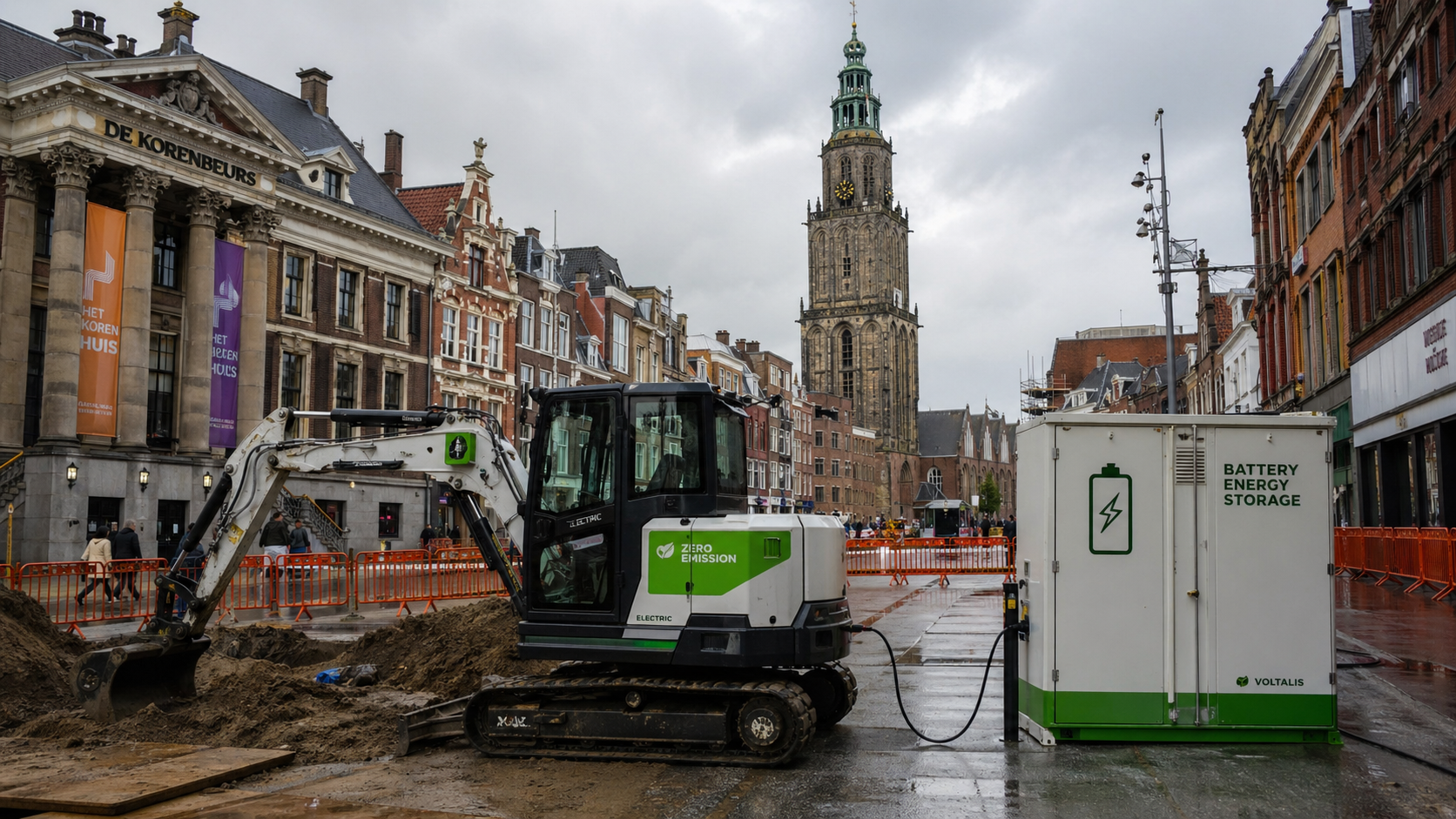 Overzicht zero-emissiezone Groningen met bouwmaterieel op locatie