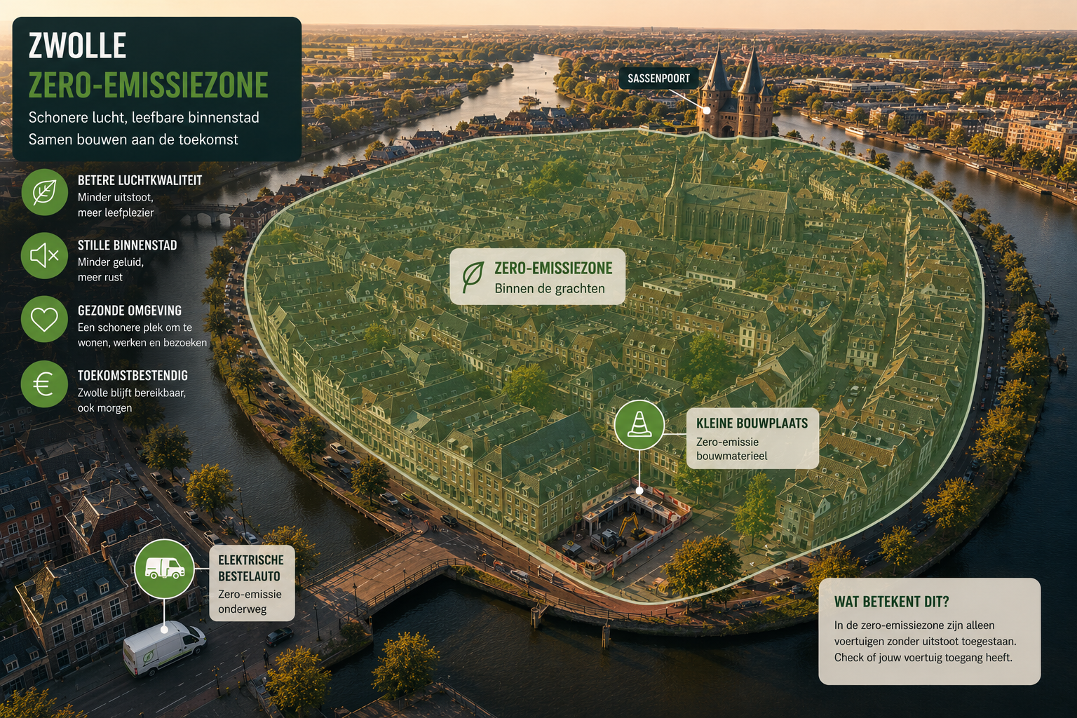 Kaart van de binnenstad van Zwolle met zero-emissiezone markering en bouwvoertuigen