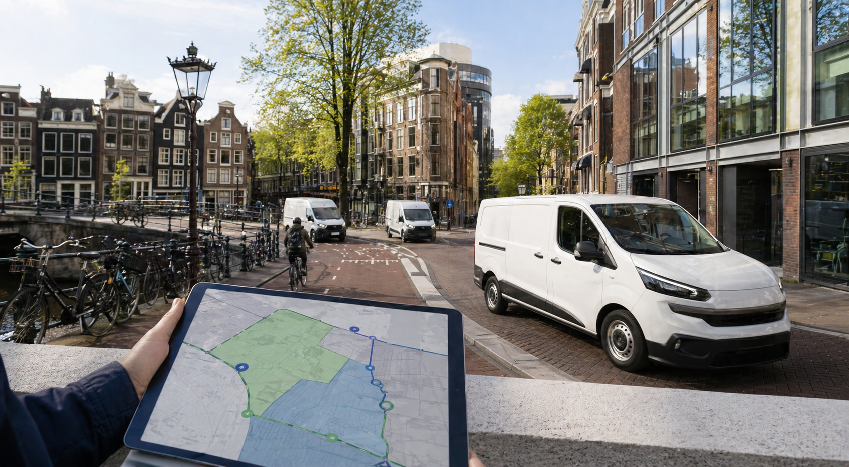 Stedelijke zero-emissiezone met emissievrije voertuigen en routeplanning